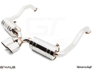 Premium Meisterschaft exhaust system for Porsche 987.2 Cayman PDK, featuring polished stainless steel and dual tips.