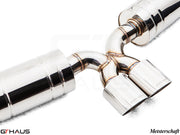Premium performance exhaust system for Porsche 987.2 Cayman PDK, featuring polished stainless steel and dual tips.