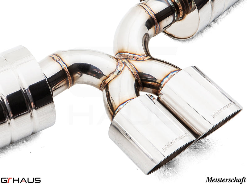 Premium Meisterschaft exhaust system for Porsche 987.2 Cayman PDK, featuring polished stainless steel tips and precision welds.
