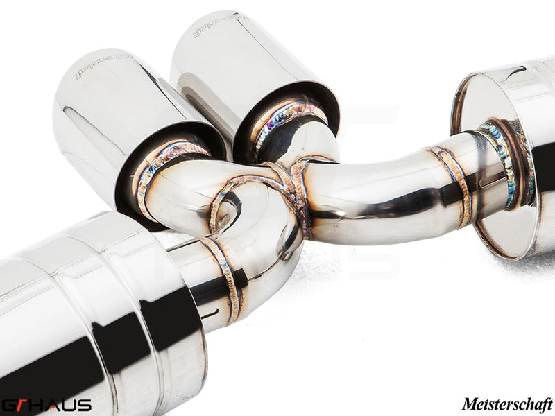 Premium exhaust system for Porsche 987.2 Cayman PDK, showcasing high-quality stainless steel craftsmanship.
