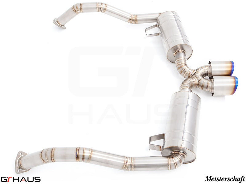 Premium exhaust system for Porsche 987.2 Cayman PDK, featuring stainless steel construction and dual tips.