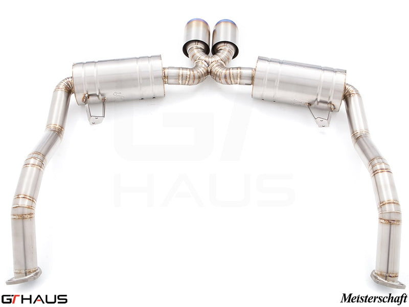 Premium exhaust system for Porsche 987.2 Cayman PDK, featuring stainless steel construction and dual tips.