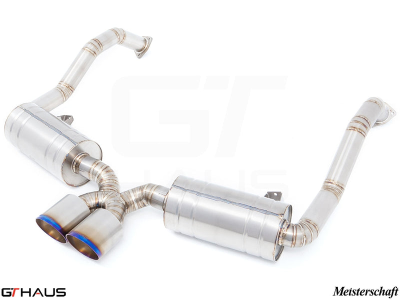 Premium Meisterschaft exhaust system for Porsche 987.2 Cayman PDK, featuring stainless steel construction and dual tips.