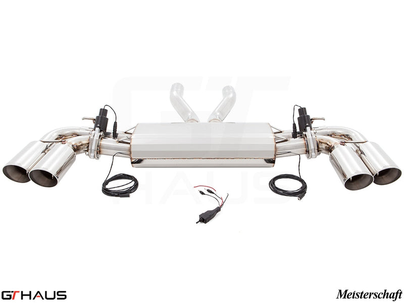 Premium Meisterschaft exhaust system for Porsche Cayenne V8 (2011+), featuring polished stainless steel and electronic valve control.