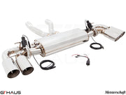 Premium performance exhaust system for 2011+ Porsche Cayenne V8 models, featuring stainless steel construction and electronic valve control.