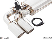Premium Meisterschaft exhaust system for 2011+ Porsche Cayenne V8, featuring electronic valve control and polished tips.