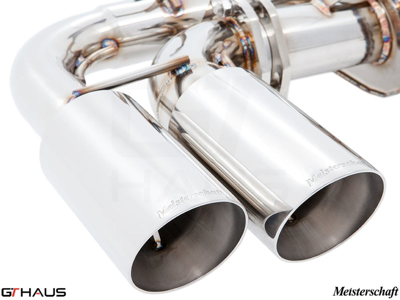 Premium Meisterschaft exhaust system for Porsche Cayenne V8 (2011+) featuring polished stainless steel tips.