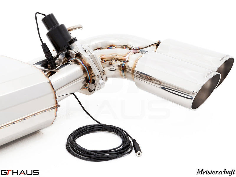 Premium exhaust system for Porsche Cayenne TDI featuring dual polished tips and electronic valve control.