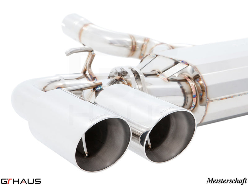 Premium exhaust system for Porsche Cayenne TDI featuring polished stainless steel tips and advanced valve control.