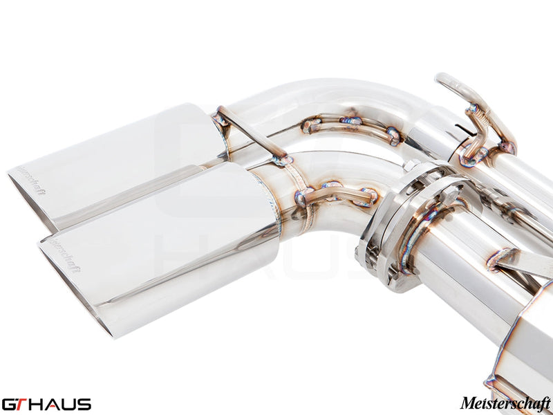 Premium exhaust system for Porsche Cayenne (2nd Gen) TDI featuring polished stainless steel tips and precision welding.