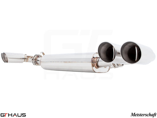 Premium Meisterschaft exhaust system for 2011+ Porsche Cayenne V6 3.6L, featuring dual polished tips and stainless steel construction.