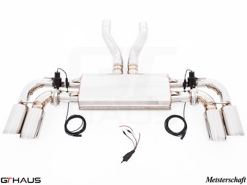 Premium Meisterschaft exhaust system for 2015+ Porsche Cayenne V8, featuring electronic valve control and stainless steel construction.