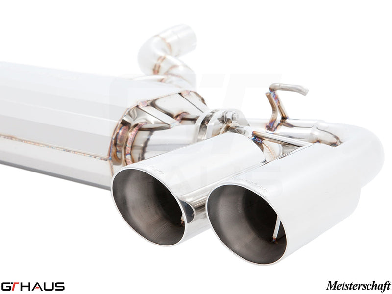 Premium Meisterschaft exhaust system for 2015+ Porsche Cayenne TDI, featuring dual polished tips and high-quality stainless steel.