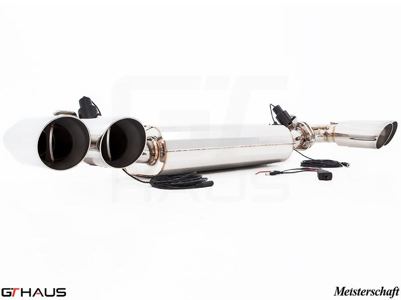 Premium Meisterschaft exhaust system for 2015+ Porsche Cayenne V6 3.6L, featuring dual tips and electronic valve control.