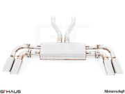 Premium exhaust system for 2015+ Porsche Cayenne V6 3.6L, featuring polished stainless steel and Meisterschaft branding.