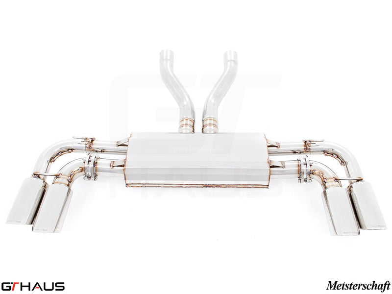 Premium exhaust system for 2015+ Porsche Cayenne V6 3.6L, featuring polished stainless steel and Meisterschaft branding.
