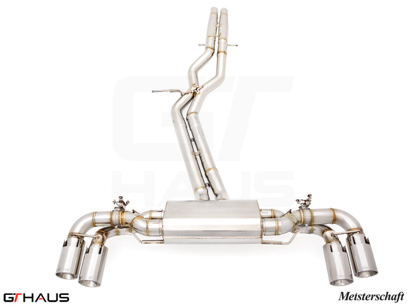 Premium Meisterschaft exhaust system for 2019-2023 Porsche Cayenne S/GTS/Turbo S, featuring polished stainless steel design.