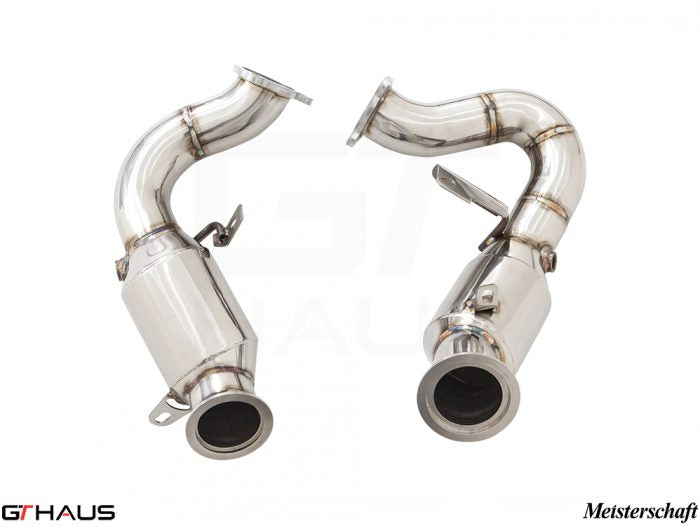 Porsche Macan 2016+ down pipes with OBD2 and 400 CEL sport cats, featuring high-quality stainless steel construction.