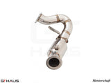 Porsche Macan 2022+ V6 Turbo down pipes with OBD2 and 400 CEL sport cats, featuring stainless steel construction.