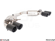 Premium exhaust system for 2022+ Porsche Macan I4 Turbo featuring dual black tips and electronic valve control.