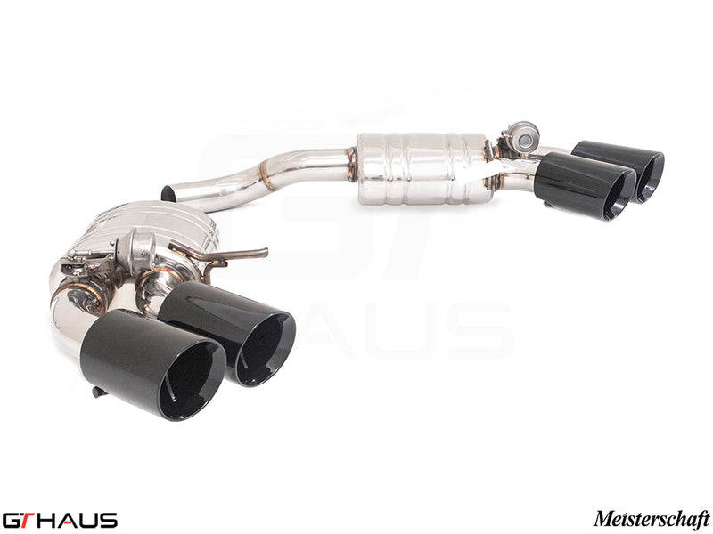 Premium Meisterschaft exhaust system for 2022+ Porsche Macan I4 Turbo with dual black tips and electronic valve control.