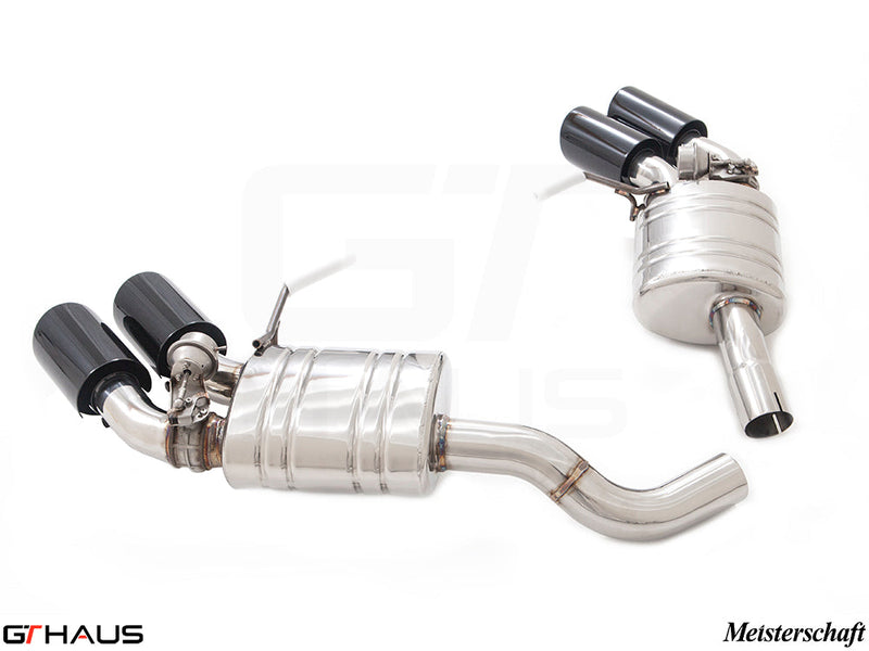 Premium exhaust system for 2022+ Porsche Macan I4 Turbo, featuring stainless steel construction and dual tips.