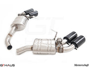 Premium exhaust system for 2022+ Porsche Macan I4 Turbo, featuring stainless steel construction and dual black tips.