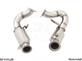 Porsche Macan 2022+ down pipes with OBD2 and 400 CEL sport cats, featuring high-quality stainless steel construction.