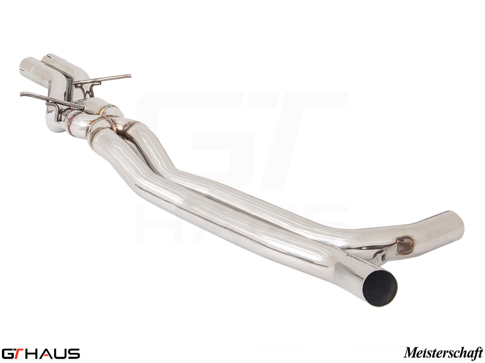 Porsche Macan 2022+ full cat-back exhaust system with front, mid, and SR pipe for V6 petrol models. High-performance design.