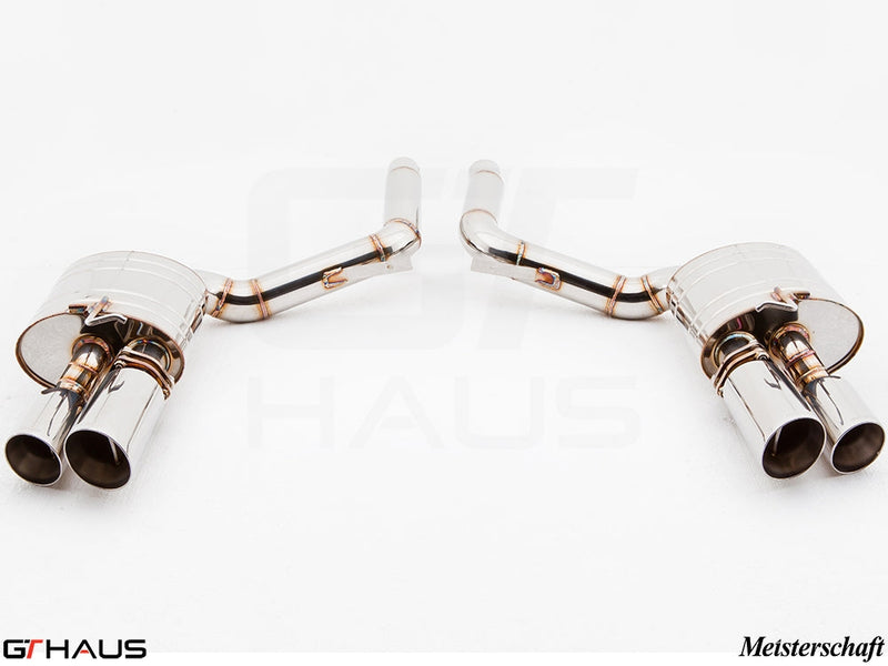 Premium exhaust system for Porsche Panamera Sedan 970 V6 Diesel, featuring polished stainless steel tips and dual outlets.