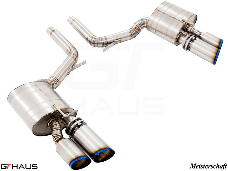 Premium Meisterschaft exhaust system for Porsche Panamera 970 V8 Executive model, featuring stainless steel construction and dual tips.