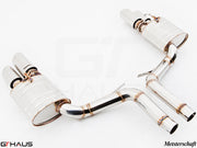 Premium exhaust system for Porsche Panamera Sedan 970 V8 models, featuring polished stainless steel and Meisterschaft branding.