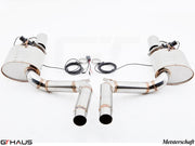 Premium Meisterschaft exhaust system for Porsche Panamera 970 V8 models, featuring dual polished tips and electronic valve control.
