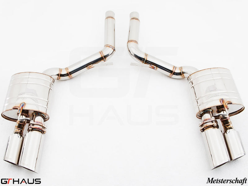 Premium performance exhaust system for Porsche Panamera 970 V8 models, featuring polished stainless steel construction.