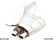 Meisterschaft exhaust system for Rolls Royce Dawn V12 Bi-turbo Coupe, featuring polished stainless steel and dual tips.