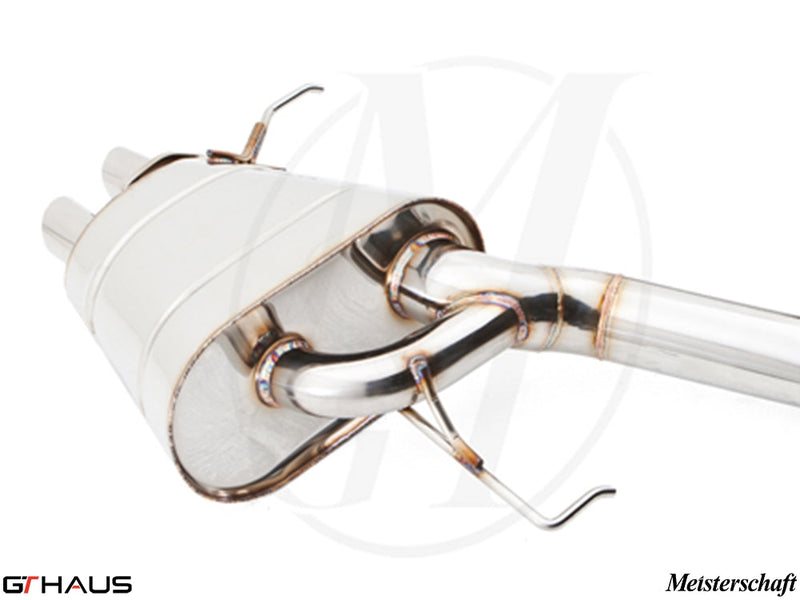Premium exhaust system for Rolls Royce Ghost V12 Bi-turbo sedan, featuring polished stainless steel construction and dual tips.
