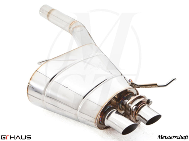 Premium exhaust system for Rolls Royce Ghost V12 Bi-turbo sedan, featuring polished stainless steel and dual tips.