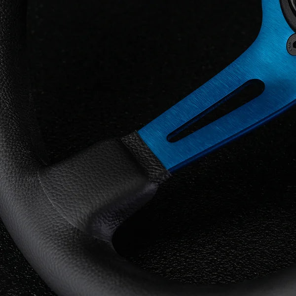 MOMO MOD.08 330 Diam 88 Dish Blk Leather Blue Spokes 1 Stripe