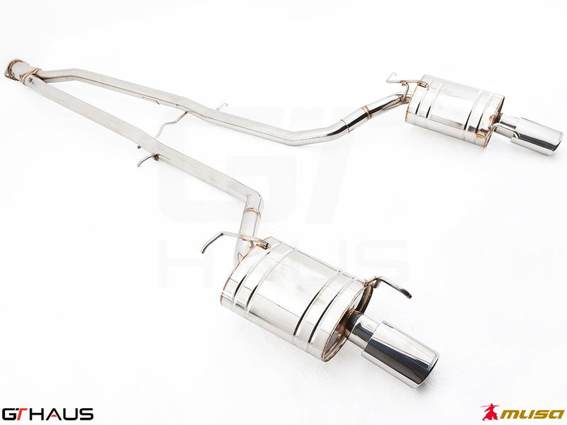 Premium performance exhaust system for Infiniti G37, G37S, and Q40 Sedan, featuring stainless steel construction and dual tips.