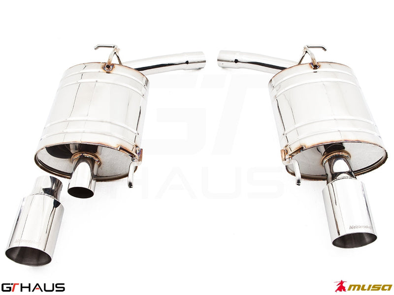 Premium exhaust system for Infiniti G37/Q40 Sedan, featuring polished stainless steel construction and dual tips.