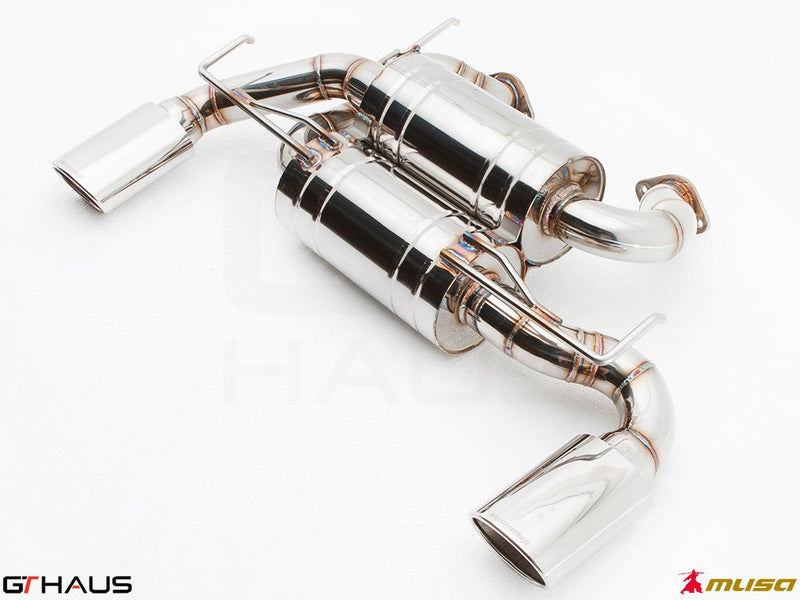 Premium performance exhaust system for Infiniti G37/Q60 Coupe, featuring polished stainless steel construction and dual tips.