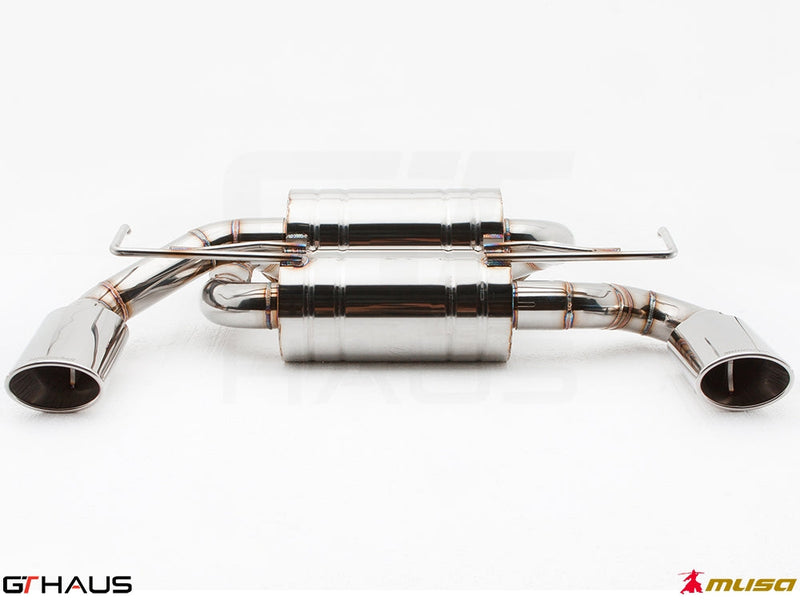 Premium performance exhaust system for Infiniti G37, G37S Coupe, Cabrio, and Q60 Coupe, featuring polished stainless steel construction.