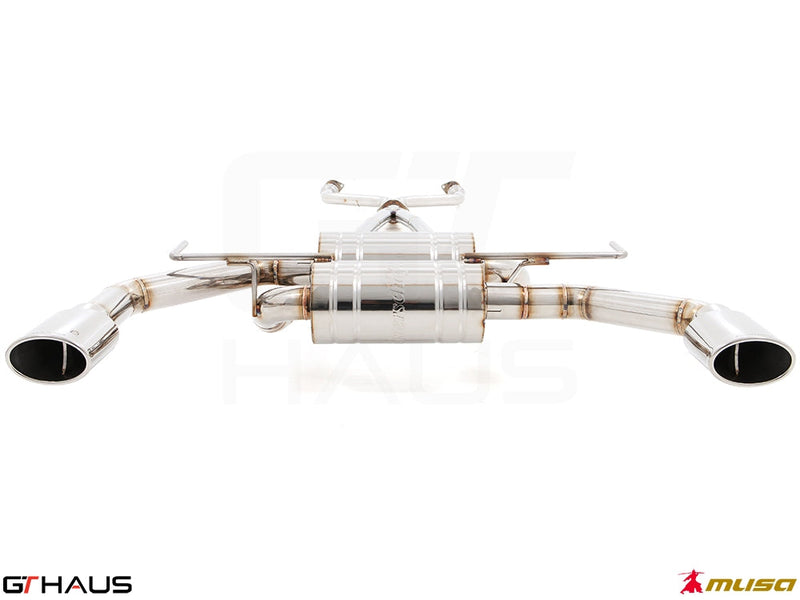 Premium performance exhaust system for Infiniti Q50 Sedan 3.0 V6 Turbo, featuring polished stainless steel and dual tips.