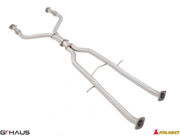 Stainless steel front Y pipe and cat-back mid pipe combo for 2014+ Infiniti Q50 Sedan 3.7L V6 VVEL performance upgrade.