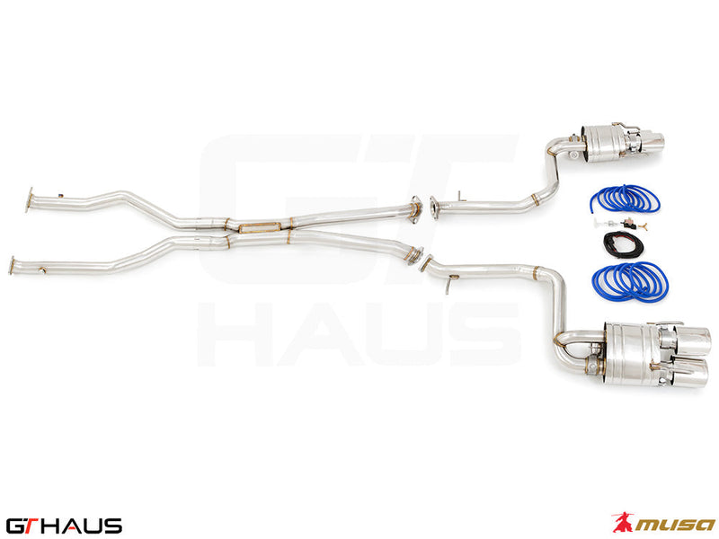 Premium performance exhaust system for Lexus GS-F V8 (2012+) featuring stainless steel construction and electronic valve control.