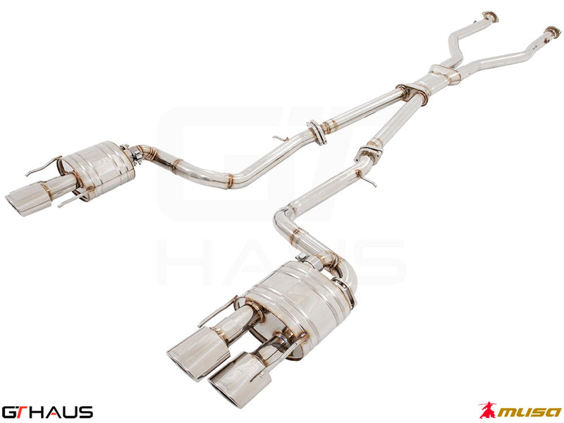Premium performance exhaust system for Lexus GS-F (V8) 2012+, featuring stainless steel construction and dual tips.
