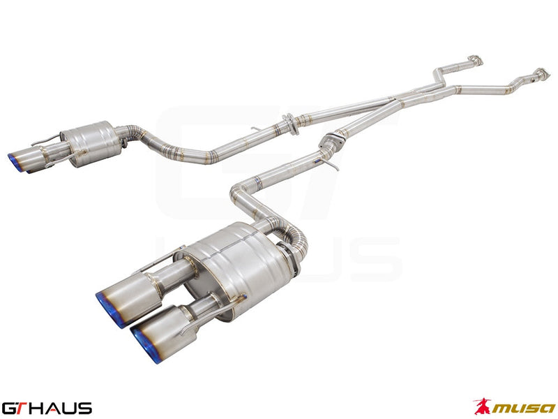 Premium performance exhaust system for Lexus GS-F (V8) 2012+, featuring stainless steel construction and quad tips.