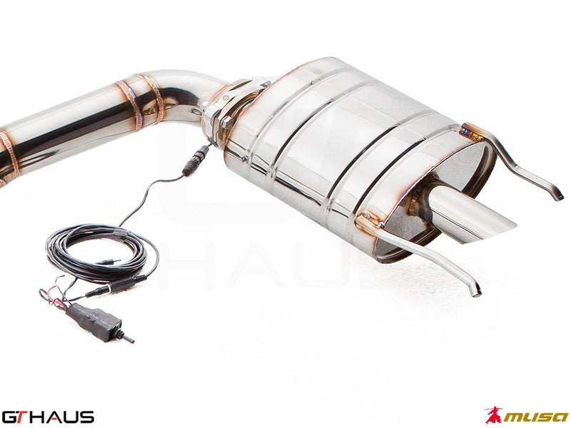 Premium exhaust system for Lexus IS-F V8 Sedan, featuring polished stainless steel construction and electronic valve control.