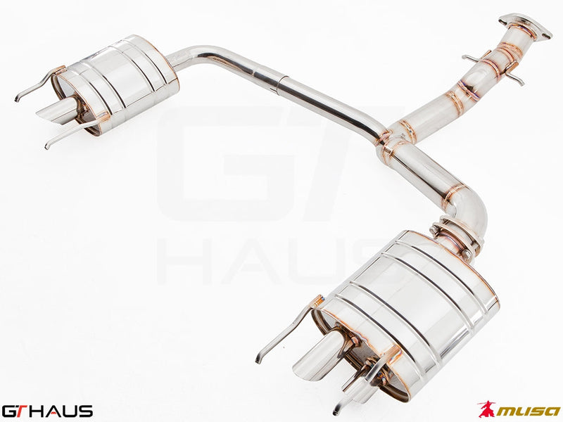 Premium performance exhaust system for Lexus IS-F V8 Sedan, featuring polished stainless steel construction and dual tips.