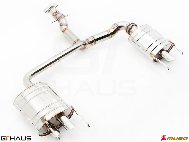 Premium performance exhaust system for Lexus IS-F V8 Sedan, featuring stainless steel construction and dual tips.